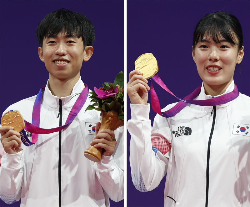 항저우 아시안게임 태권도 품새 남녀 개인전에서 동반 금메달을 차지한 강완진(왼쪽)과 차예은. 항저우=뉴시스
