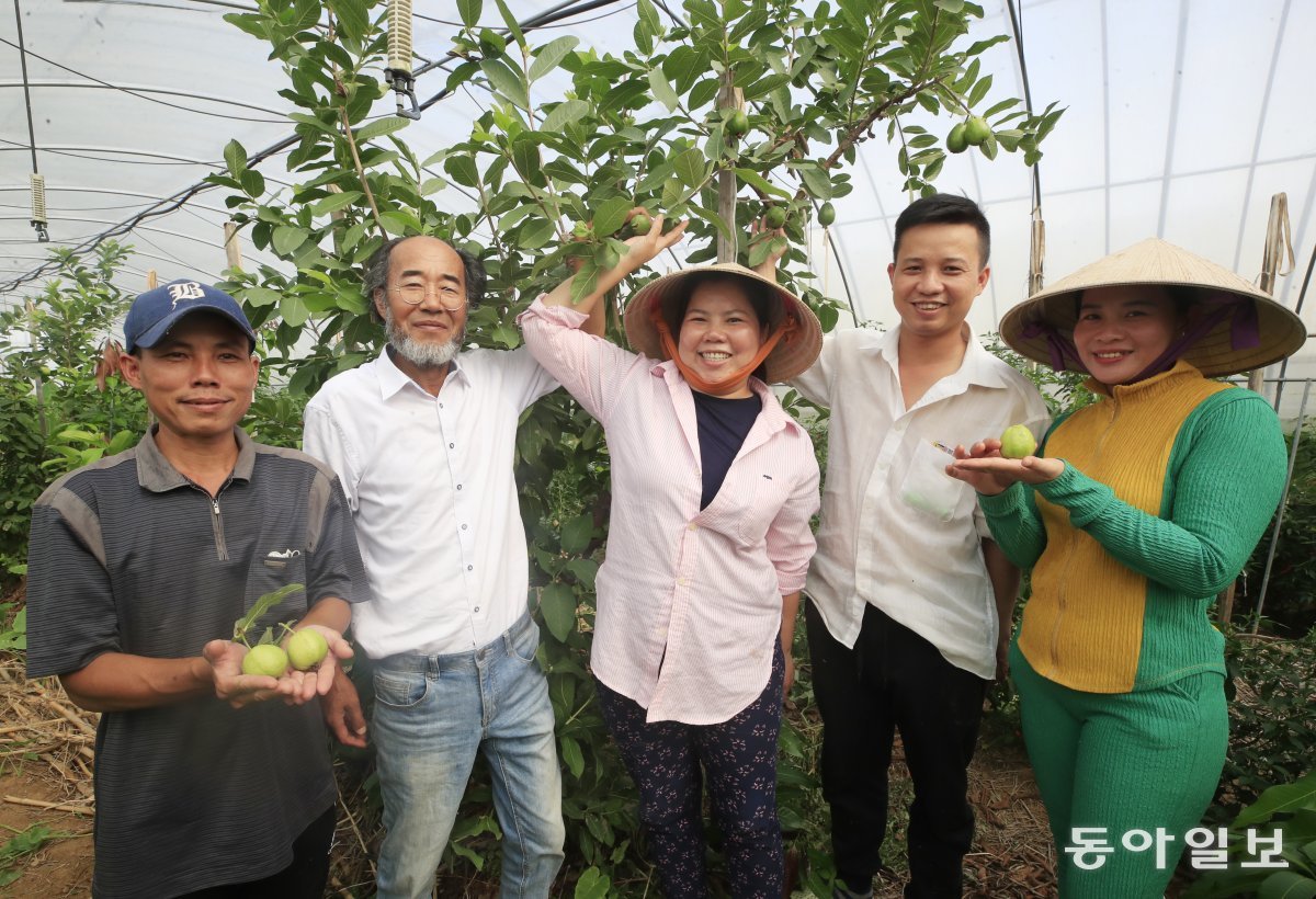 전남 해남군 산이면 팜코리아 농장에서 박성일 씨(왼쪽에서 두 번째)의 아내 보티테이 씨(가운데)가 베트남에서 온 오빠와 남동생 부부와 함께 열대과일인 구아바를 소개하고 있다. 박영철 기자 skyblue@donga.com