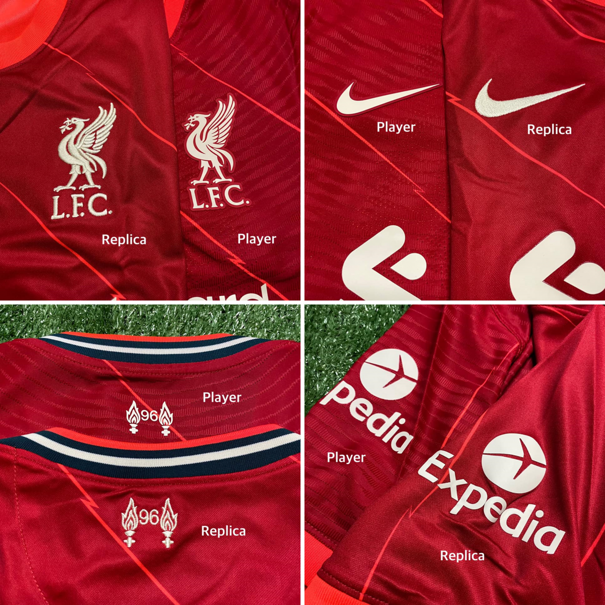 나이키에서 제작한 2021-2022 FC 리버풀의 선수용과 팬용 유니폼을 비교한 사진이다. 2가지 버전을 비교해 보면 디테일 차이가 나는 것을 알 수 있다.