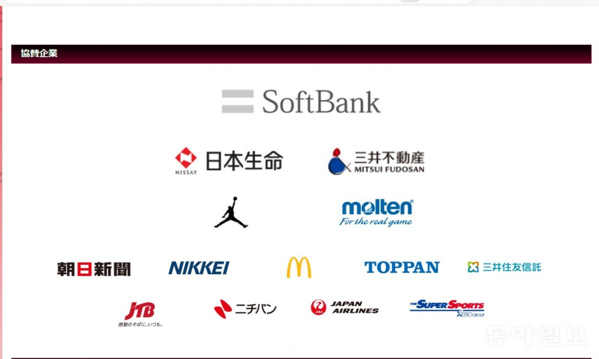 현재 일본 농구 대표팀을 후원하고 있는 공식 스폰서. 굵직한 기업들이 대다수다. 출처=일본농구협회(JBA)
