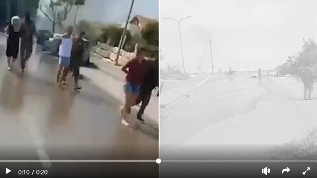 하마스 무장 대원에게 끌려가는 인질들(왼쪽)과  도로에 이들의 시신이 놓여진 모습(워싱턴포스트 영상 갈무리)