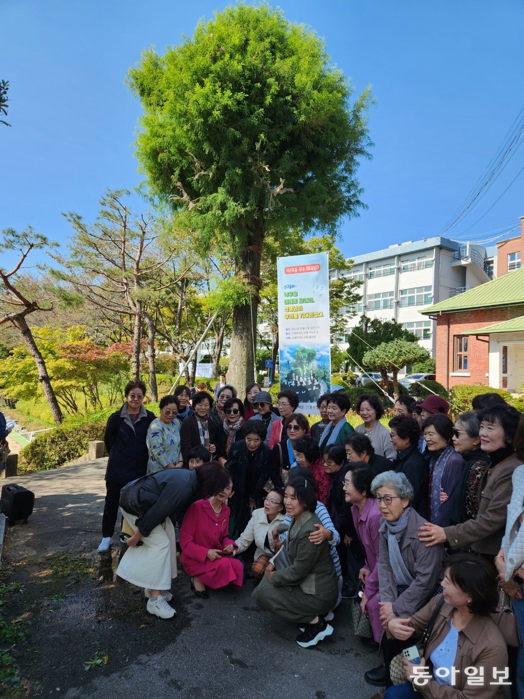 11일 오전 11시 광주 남구 양림동 수피아 여고 교정에 13회 졸업생을 비롯해 선후배들이 모영 낙우송 기념식수 60주년 모교 방문행사를 갖고 있다. 이형주 기자 peneye09@donga.com