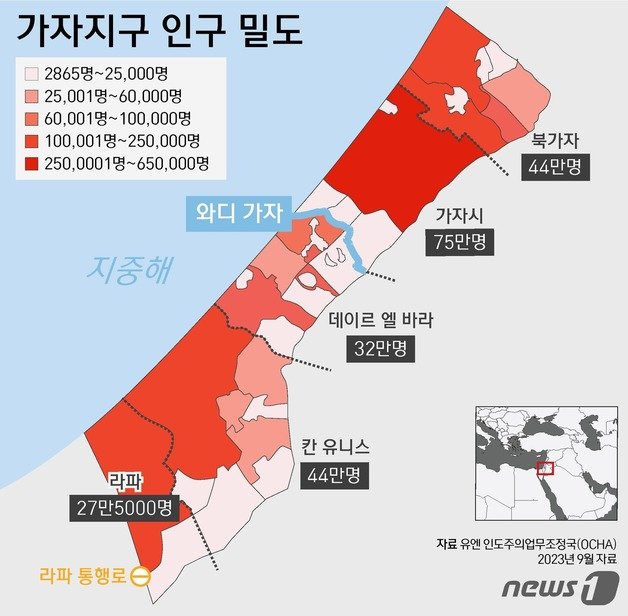 가자지구는 북가자, 가자시, 데이르 엘-바라, 칸 유니스, 라파 등 5개 지역으로 구성돼 있다. 230만 명이 거주하고 있는데, 이 중 가자시에 75만 명이 살고 있다. 북가자와 칸 유니스에 44만 명, 데이르 엘 바라에 32만 명, 라파에 27만5000명이 머문다. ⓒ News1