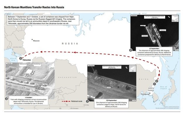 존 커비 미국 국가안보회의(NSC) 전략소통조정관은 지난 13일(현지시간) 북한이 러시아에 컨테이너 1000개 이상 규모의 군사장비와 탄약을 인도했다고 밝혔다. NSC는 러시아 선박이 북한에서 컨테이너를 싣고 운송하는 모습을 담은 위성사진을 공개했다.