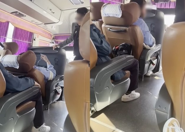 고속버스 좌석 등받이를 뒤로 젖힌 승객이 다른 승객들과 다툼을 벌이고 있는 모습. (온라인 커뮤니티 갈무리)