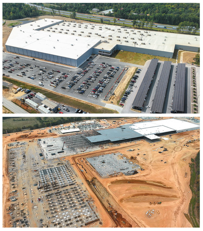 한화솔루션은 현재 운영 중인 돌턴 1, 2공장(위쪽 사진)에 조지아주 카터즈빌에 짓고 있는 솔라허브 공장(아래 사진)까지 완공되면 북미에서만 8.4GW의 태양광 모듈을 생산할 수 있게 된다. 한화솔루션 제공