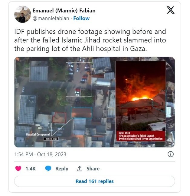 On the 18th (local time), the Israel Defense Forces (IDF) strongly claimed that Israel was not involved in the airstrike on a hospital in the Gaza Strip, citing the fact that there was no crater left near the hospital explosion site.  Earlier in the morning, the Ministry of Health in the Gaza Strip, Palestine, claimed that at least 500 people had died at a hospital in an Israeli airstrike.  Captured by Times of Israel