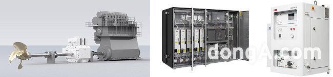 왼쪽부터 축발전기 시스템, 수랭식 드라이브 ACS880LC, 연속 배기가스 모니터링 시스템. ABB 제공