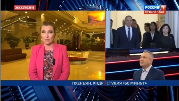 러시아TV ‘러시아1’이 북한 평양에서 생방송으로 진행한 리포트. (러시아1 유튜브 갈무리)