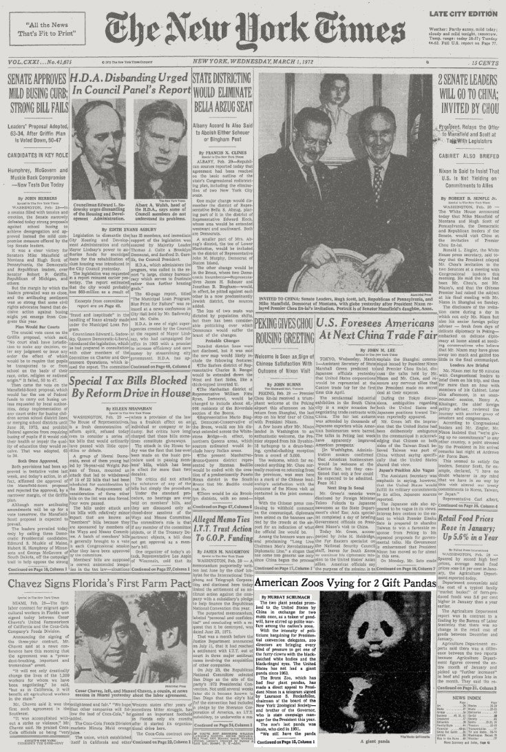미 뉴욕타임스(NYT)는 1972년 3월 1일 미국 동물원들이 중국에서 오는 판다를 유치하기 위해 경쟁하고 있다는 내용을 1면에 다뤘다. (NYT)