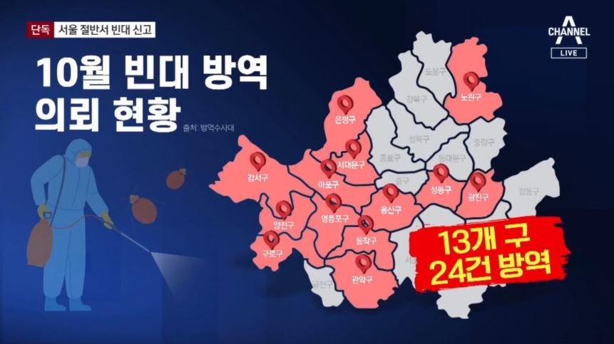 이번 달에만 서울 시내 25개 구 중 13개 구에서 총 24건의 빈대 방역 작업이 이뤄졌다. 채널A