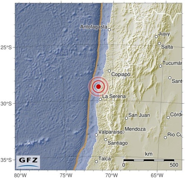 칠레 중부 해안 도시 라 세레나 인근에서 31일(현지시간) 오전 9시33분(한국시간 오후 9시33분)께 규모 6.7의 지진이 발생했다고 독일 지구과학연구센터(GFZ)가 밝혔다.(GFZ 갈무리).