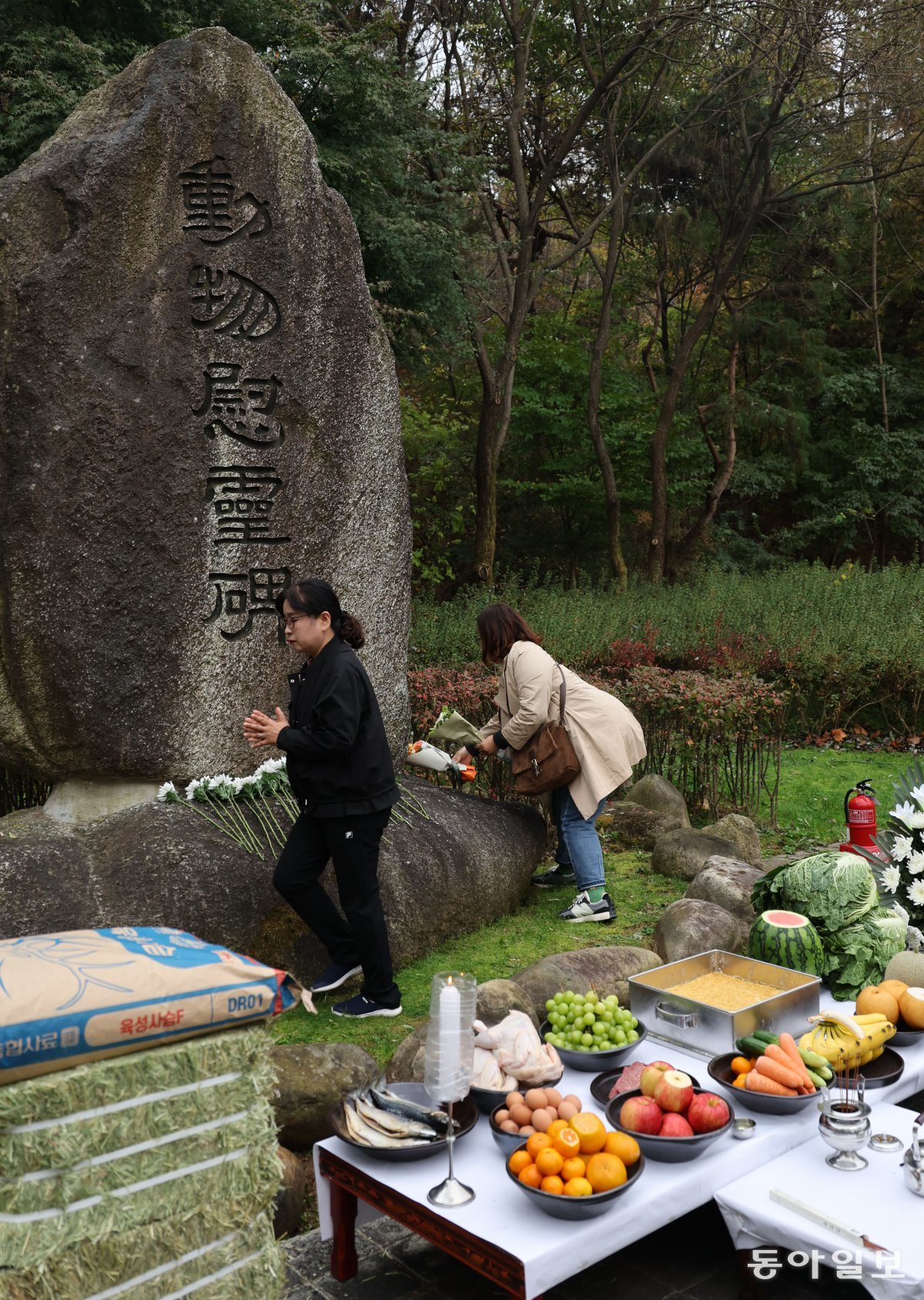 1일 오후 경기 과천시 서울대공원에서 폐사한 동물을 애도하는 제29회 동물위령제 참석자들이 동물위령비에 헌화하고 있다. 양회성 기자 yohan@donga.com