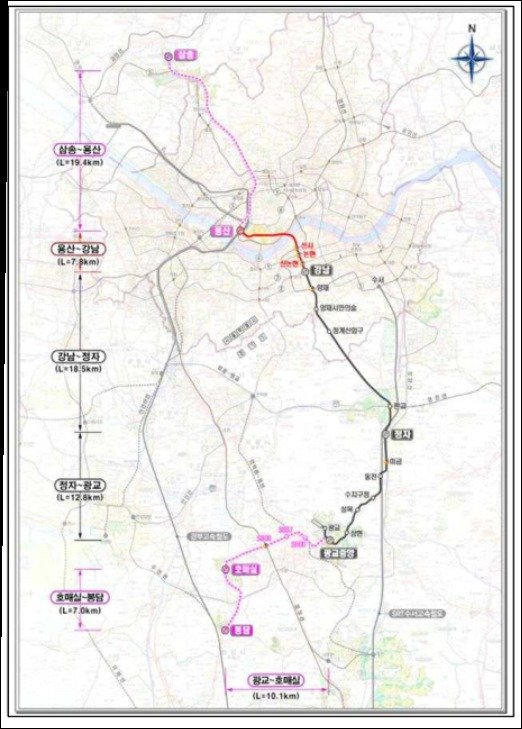 경기도가 출·퇴근 시간대 큰 혼잡을 빚고 있는 신분당선 지하철의 혼잡도 개선을 위한 차량 증차 등 다각적인 방안을 검토 중이다.사진은 신분당선 노선도.(국토부 제공)