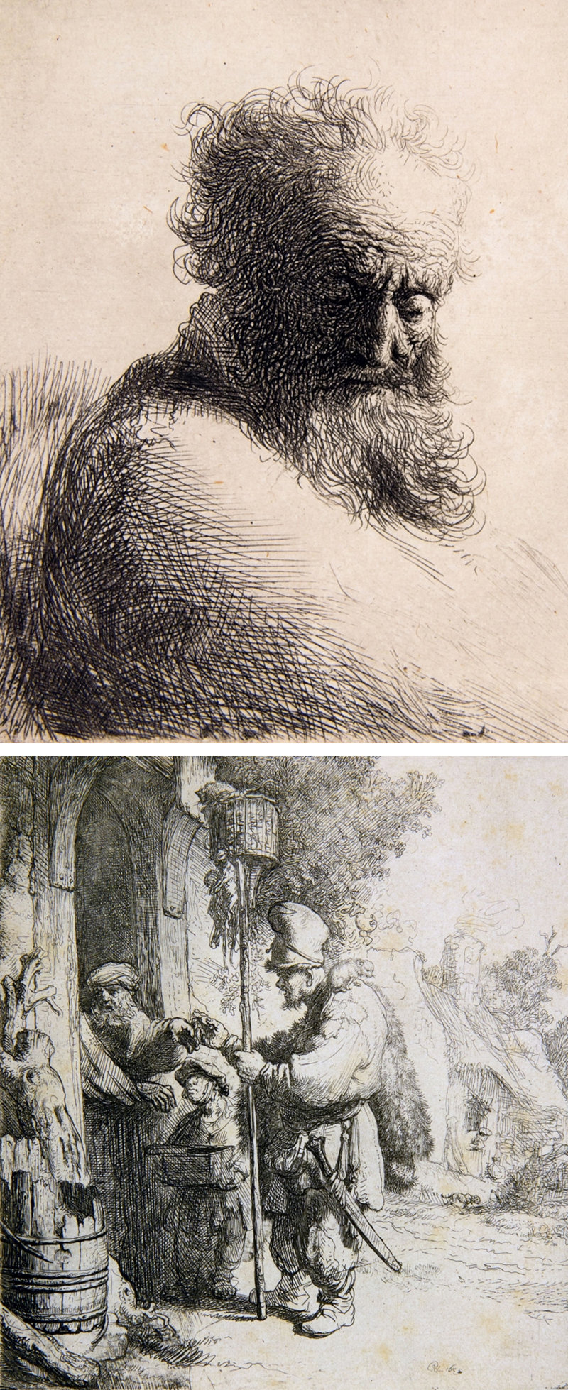 렘브란트의 판화에서는 생생한 길거리의 일상 속 풍경과 인물들의 섬세한 표정을 확인할 수 있다. ‘아래를 내려다보는 수염 난 늙은 남자’(1631년·위쪽 사진)와 ‘쥐 잡는 사람’(1632년). 대구미술관 제공