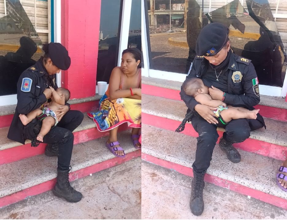 이재민의 요청으로 아이에게 젖을 물리는 멕시코 여경. 멕시코시티 시민 안전비서국(SSC) X(트위터) 캡처