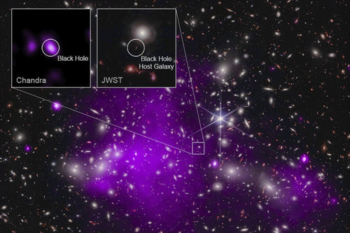 빅뱅 이후 불과 4억7000만 년 만에 형성된 가장 오래된 블랙홀이 관측됐다고 미국 AP통신이 6일(현지시간) 전했다. 사진은 미국 항공우주국(NASA)의 제임스웹 우주망원경과 찬드라 관측 위성이 촬영한 블랙홀의 모습. 2023.11.07. 뉴시스