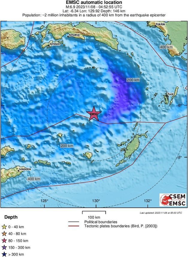 인도네시아 반다 해역서 규모 6.9 지진이 발생했다.  (유럽지중해지진센터, EMSC)