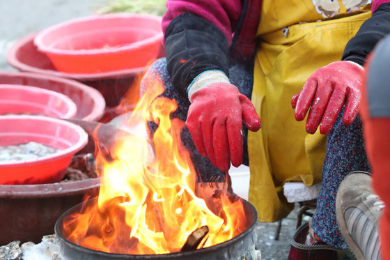 절기상 입동인 8일 광주시 남광주시장에서 상인들이 갑자기 추워진 날씨에 모닥불을 피워놓고 추위를 녹이고 있다.2023.11.8/뉴스1