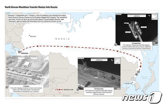 미국 백악관이 공개한 북한 무기 추정 화물의 러시아 지원 경로. ⓒ AFP=뉴스1