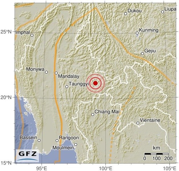 얀마-중국 국경 지역에서 규모 5.7의 지진이 발생했다.  독일 지구과학연구센터, GFZ