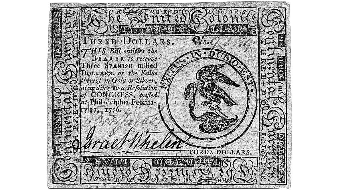 미국 독립전쟁 당시 대륙의회가 전비를 조달하기 위해 발행한 ‘콘티넨털 달러’. 영국이 독립군에 타격을 주려고 위조해 뿌리면서 가치가 폭락했다. 해냄 제공
