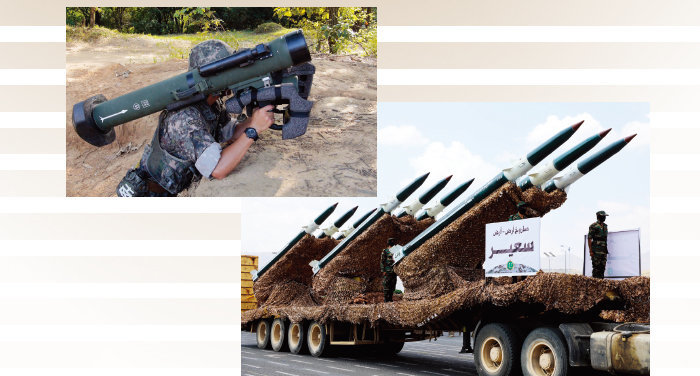 한국산 휴대용 대전차 미사일 ‘현궁’. 예멘 후티 반군이 지난해 9월 미사일을 동원한 군사 퍼레이드에 나섰다.[뉴스1, 뉴시스]