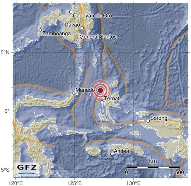 22일(현지시간) 인도네시아 할마헤라섬 인근서 발생한 지진의 진앙지를 나타낸 지도. (출처 : GFZ) 2023.11.22/뉴스1