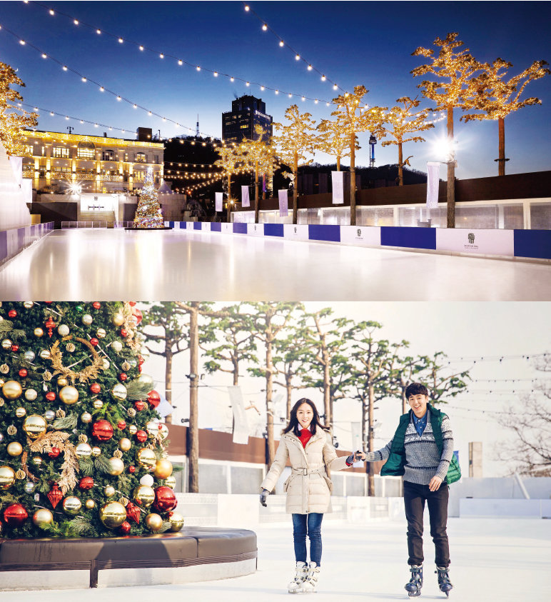 반얀트리 클럽 앤 스파 서울의 야외 스케이트장 ‘오아시스 아이스링크’. 반짝이는 조명의 크리스마스 트리 장식으로 낭만적인 분위기를 더한다.