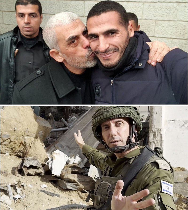 하마스의 가자지구 지도자와 기념 사진을 촬영한 사진기자 하산 에슬라이야(위 사진 오른쪽)와 하마스 땅굴을 공개하는 이스라엘 방위군(IDF) 수석대변인 다니엘 하가리 소장. 사진 출처 X·IDF