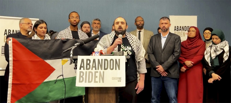 U.S. Muslim leaders “campaign to defeat Biden” Ahead of next year’s U.S. presidential election, Muslim leaders from major battleground states announced on the 2nd in Dearborn, Michigan that they will begin a campaign to defeat President Joe Biden, who has a policy of supporting Israel.  The phrase ‘Abandon Biden’ hangs on the podium.  Dearborn = AP Newsis