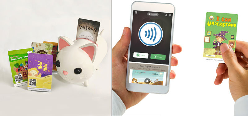 책 읽어주는 고양이를 활용한 ‘아이윙TV(왼쪽)’와 스마트 기기용 서비스인 ‘NFC스마트북(오른쪽)’ / 출처=아이윙티브이