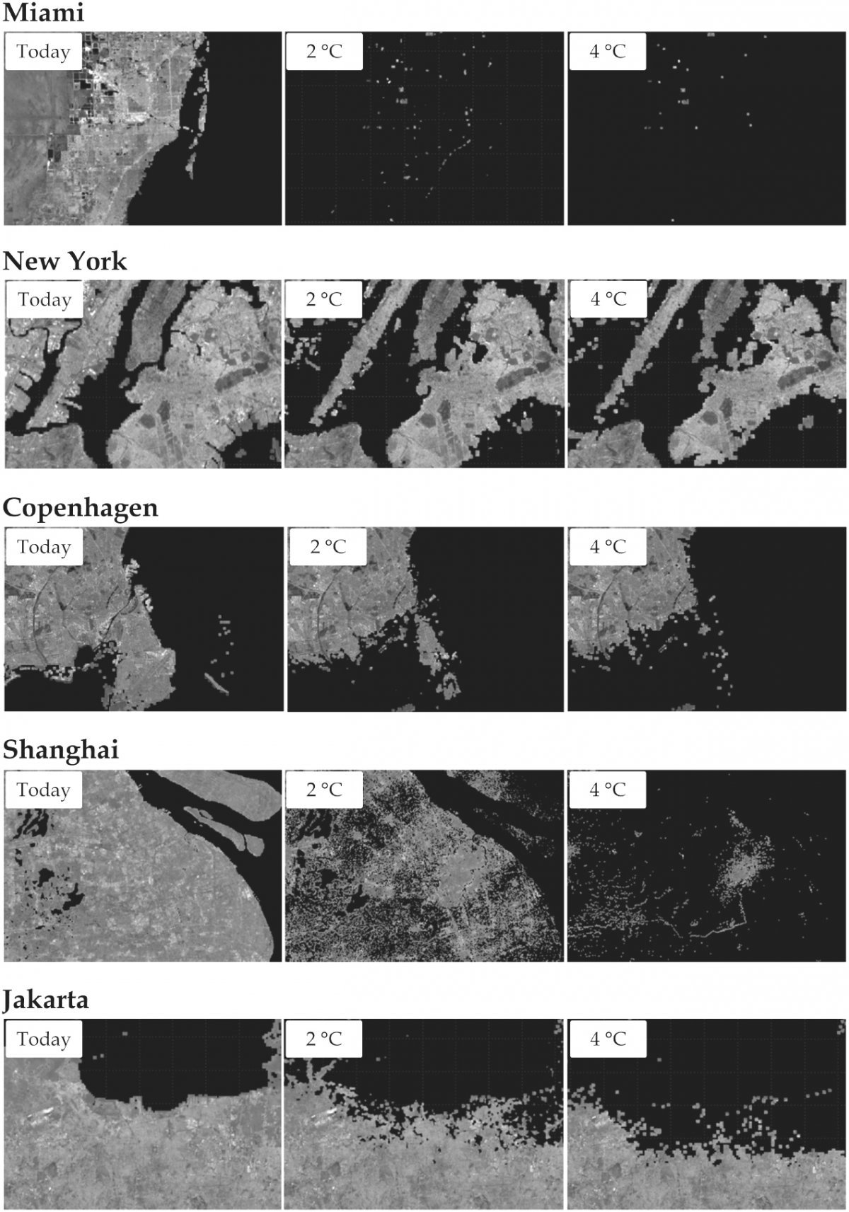 기온 상승으로 인한 해수면 상승 예상도. 위부터 미국 마이애미, 뉴욕, 덴마크 코펜하겐, 중국 상하이, 인도네시아 자카르타.