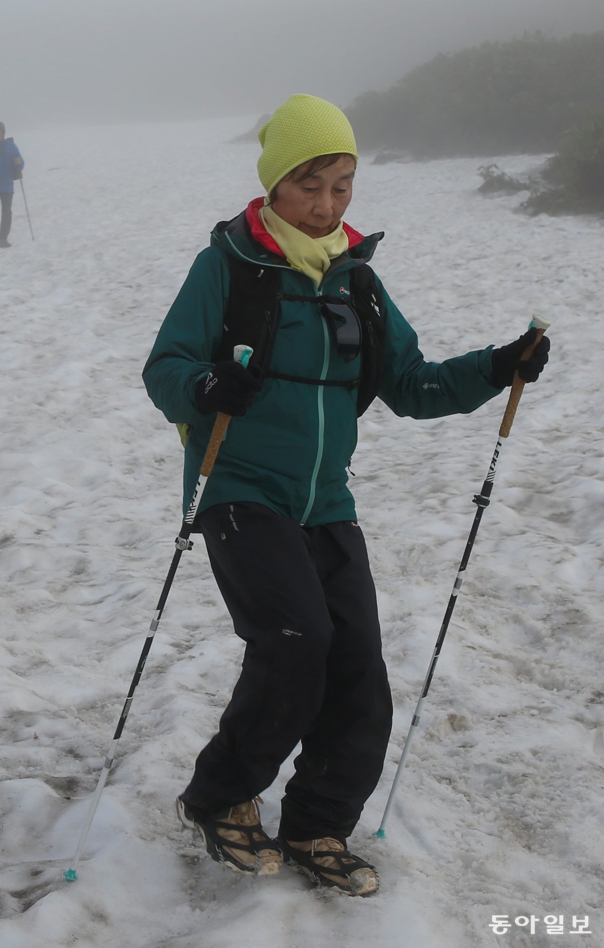 남문숙 씨가 일본의 험산 조카이산(해발 2236m)에 올랐다 눈 덮인 산길을 내려오고 있다. 국제노르딕워킹협회 제공.