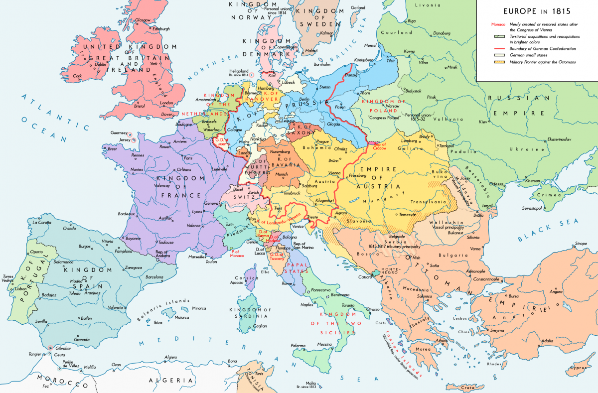 빈 회의 결과로 확정된 1815년 유럽 각국의 국경선. 프러시아의 영토가 확대되는 등 오랜 세월 분열됐던 독일의 통합이 이뤄지는 계기가 마련됐다. 그것은 유럽에서 또 하나의 비극을 잉태한 것이었다.  위키피디아