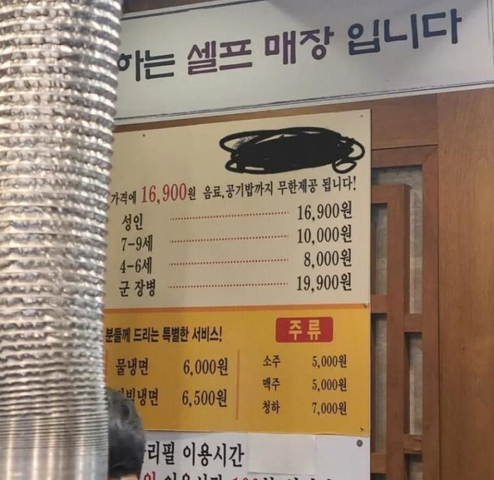 그동안 3000원을 더 받아온 무한리필 고깃집 메뉴판. 온라인 커뮤니티 웃긴대학 캡처