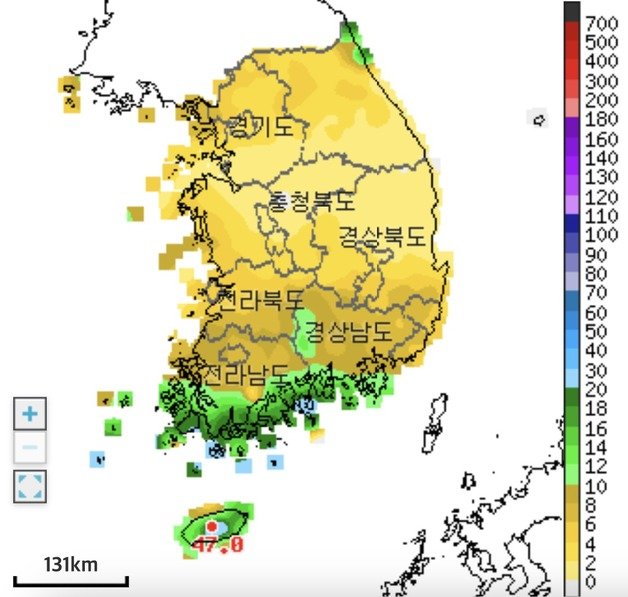 14일 오후 4시40분 기준 전국 일강수량 현황(기상청 제공)