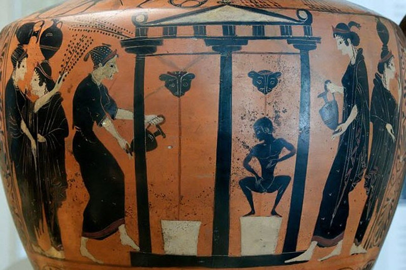 급수시설에서 물을 받는 여인과 목욕하는 아이가 그려진 기원전 520년경 도기. 참주가 된 뒤 페이시스트라토스는 아테나이의 급·배수시설을 정비했다.