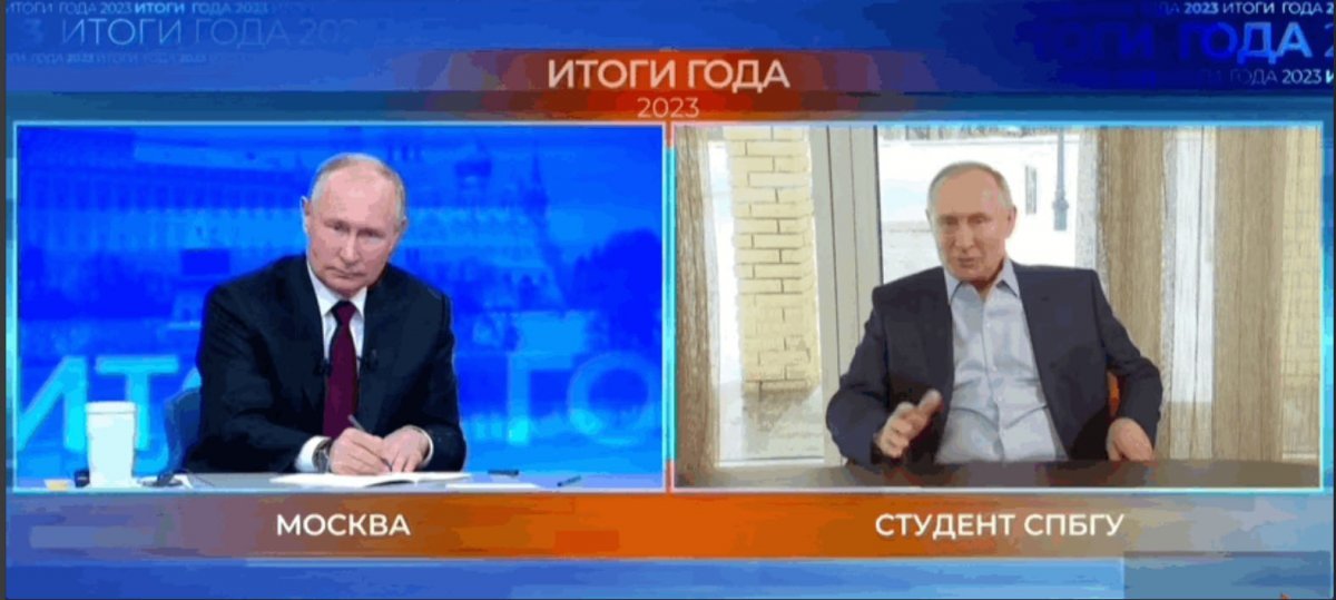 블라디미르 푸틴 러시아 대통령(왼쪽)이 14일(현지 시간) 기자회견 겸 국민과의 대화 행사에서 딥페이크 기술을 활용한 영상 속 ‘인공지능(AI) 푸틴’을 마주하고 잠시 당황하는 모습. 러시아 채널1 영상 캡처