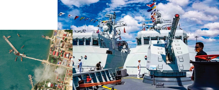 캄보디아 레암 해군기지 위성사진(왼쪽)과 12월 3일 캄보디아 레암 해군기지에 기항한 중국 군함 2척. [뉴시스, 캄보디아 국방부]