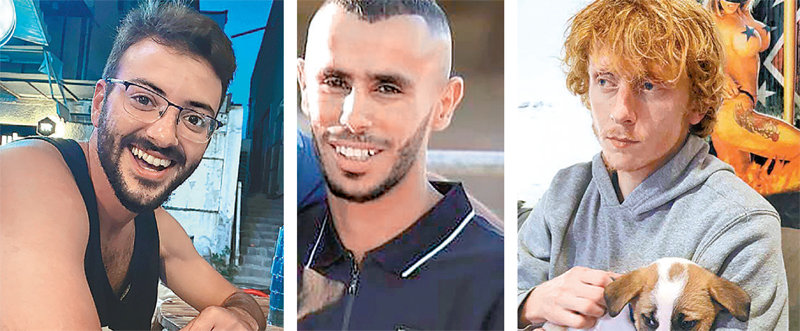 백기까지 들었지만… 이스라엘군이 팔레스타인 무장단체 하마스 대원으로 오인해 15일 사살한 3명의 이스라엘 민간인 남성. 왼쪽 사진부터 알론 샴리즈, 사메르 탈랄카, 요탐 하임. AP 뉴시스