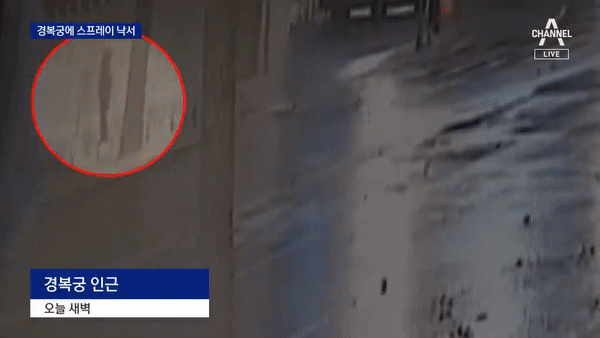 서울 경복궁의 담벼락이 스프레이 낙서를 하고 인증샷까지 남긴 용의자의 모습이 CCTV에 포착됐다. 채널A 영상 갈무리