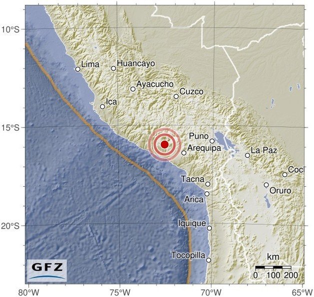 페루에서 20일 오전 7시11분쯤 발생한 지진의 진앙을 나타낸 지도. (출처 : GFZ 누리집) 2023.12.20
