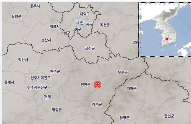 23일 오전 4시34분 전북 장수군 북쪽 17km 지역에서 규모 3.0의 지진이 발생했다. (기상청 제공) 2023.12.23