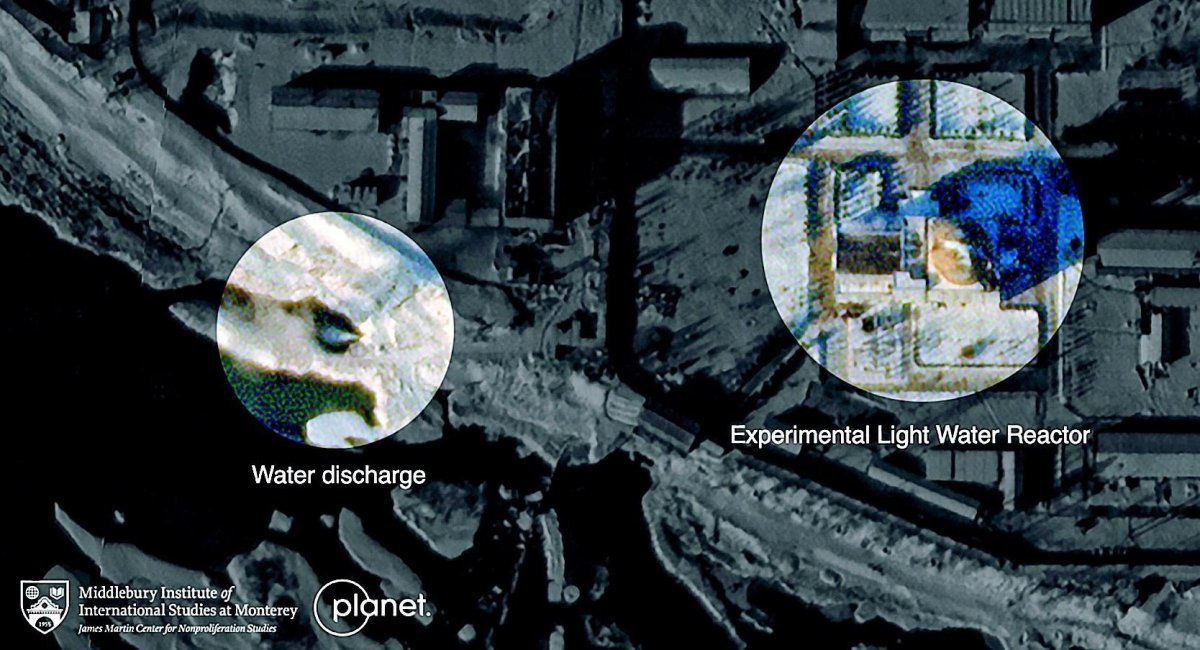 미국 상업위성 업체 ‘플래닛 랩스’ 위성이 포착한 북한 영변 핵시설 내 실험용 경수로의 가동 정황. 오른쪽(원 안)은 경수로의 모습, 왼쪽(원 안)은 경수로 가동의 직접 증거로 분류되는 온수 배출 정황이다. 암스 컨트롤 웡크(arms control wonk) 캡처