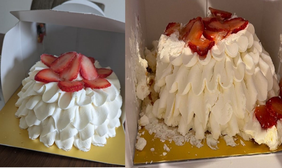 (왼쪽부터) 원본 케이크와 파손된채 배송된 케이크. @akarimochi_ba X(트위터) 캡처