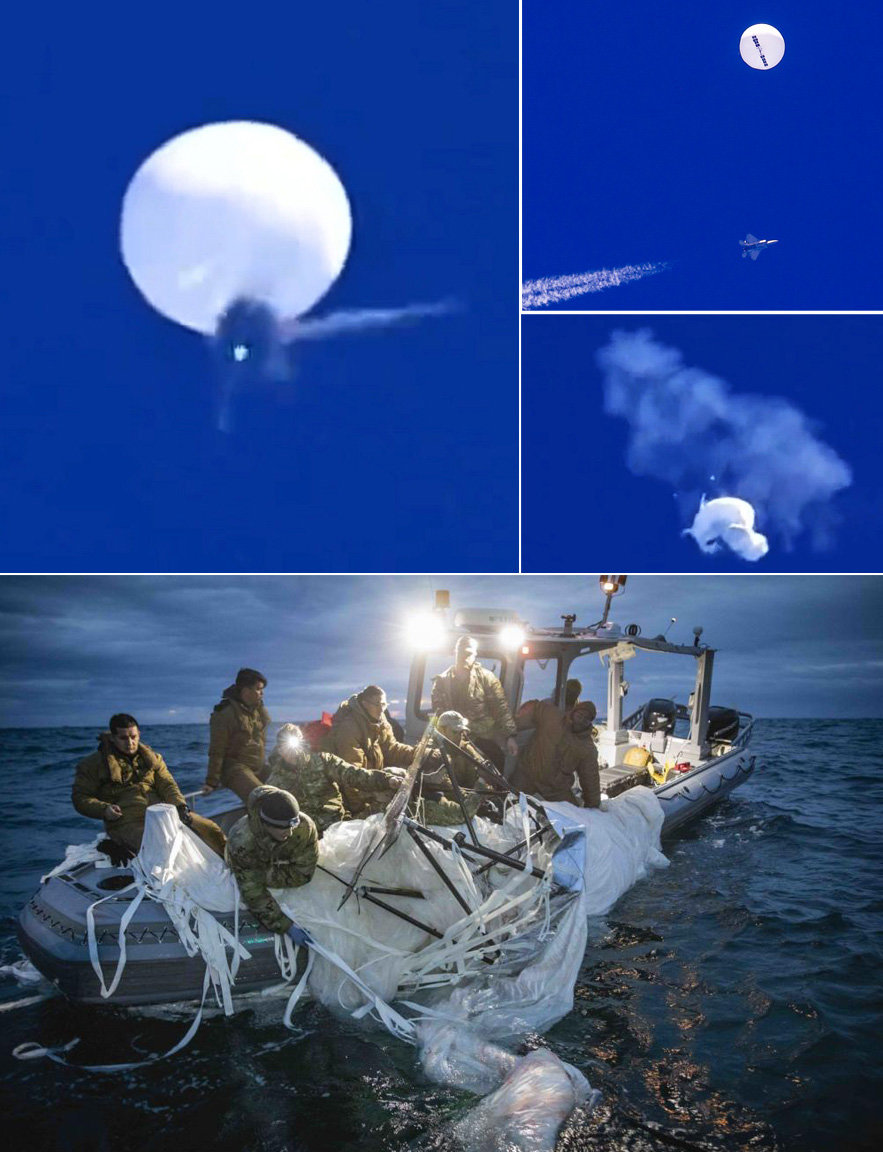 1. 격추되는 중국 정찰풍선 2. 바다에서 회수하는 장면. 머틀비치=AP뉴시스 CNN방송 홈페이지 캡쳐 미 해군 제공