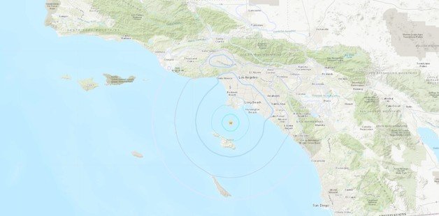 1일(현지시간) 미국 로스앤젤레스 앞바다에서 발생한 규모 4.1 지진의 진앙을 표시한 지도. 출처 : 미국 지질조사국