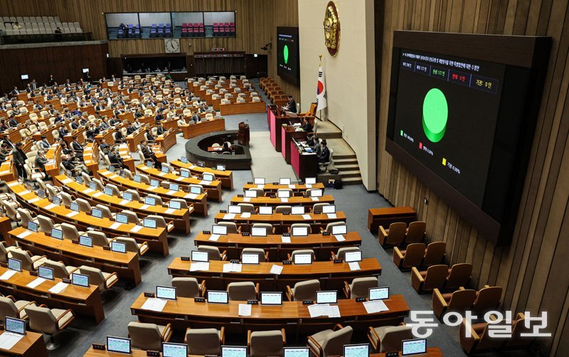 9일 국회에서 열린 본회의에서 이태원참사특별법이 상정되자 국민의힘 의원들이 퇴장하고 있다. 사진=송은석 기자 silverstone@donga.com