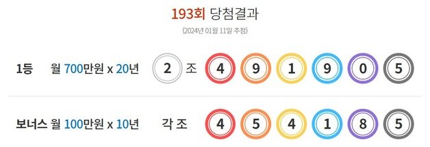 제193회 연금복권 720+ 당첨 결과 (동행복권 홈페이지 갈무리)